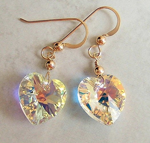 Aurora Borealis Heart Crystal Swarovski Elements Gold Filled Earrings