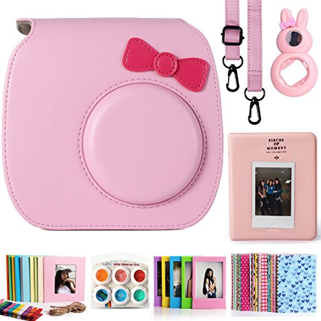 CAIUL Compatible Mini 7s Case Bundle with Album, Filters & Accessories for Fujifilm Instax Mini 7s and Polaroid PIC-300 Camera (Pink, 7 Items)