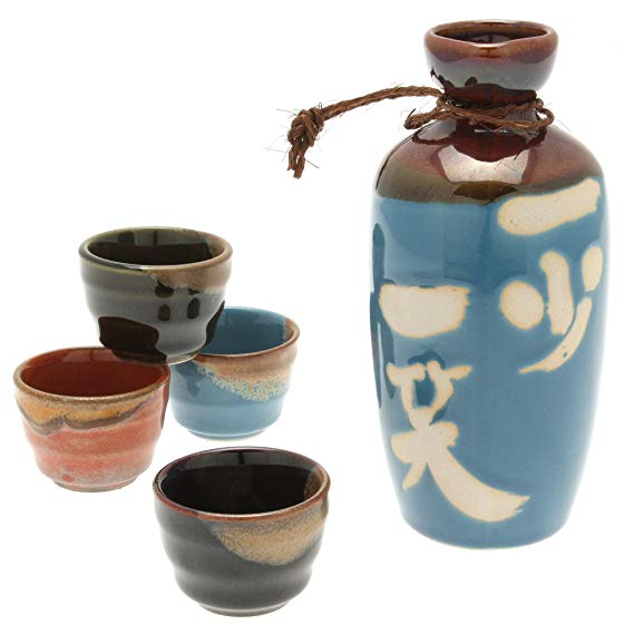 Kotobuki Issho Japanese Calligraphy Sake Set, "Laugh to Stay Young", Turquoise