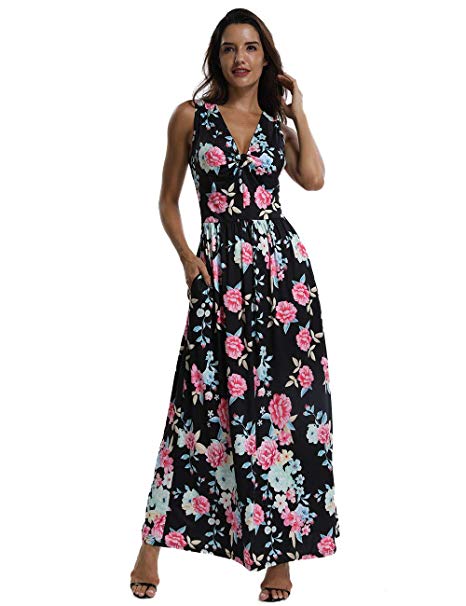 Womens Striped Floral Maxi Dress with Pockets Empire Waist 3/4 Sleeve Tie Waist Floor Length Long Dress