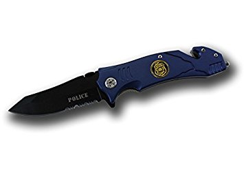 Rogue River Tactical 8" Assisted Police Blue Folding Pocket Knife Half Serrated Seat Belt Cutter Glass Breaker Belt Clip Tanto Blade Law Enforcement