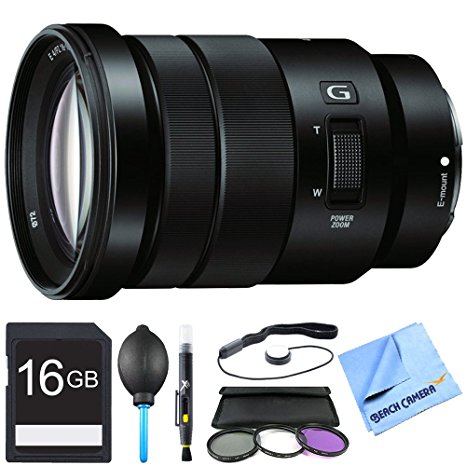 Sony SELP18105G - E PZ 18-105mm f/4 G OSS Power Zoom Lens Bundle includes 18-105mm f/4 Mid-Range Zoom Lens, 16GB SDHC Memory Card, 72mm Deluxe Filter Kit, Dust Blower, Lens Cleaning Pen, Lens Cap Keeper and Beach Camera Micro Fiber Cloth