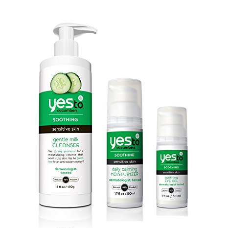 Yes To Cucumbers Face Kit (Soothing Eye Gel, Gentle Milk Cleanser, Daily Calming Moisturizer)