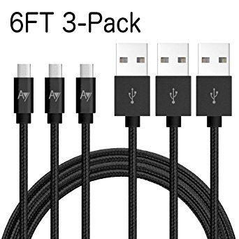 AYIPE Micro USB Cable [3-Pack] - 6 Feet (2 Meters) - Black - Nylon Braided - Tangle-Free Micro USB Cable for Android, Samsung, HTC, Motorola, Nokia and More