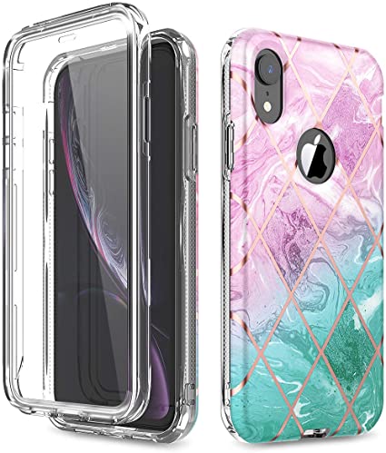 WeLoveCase iPhone XR Marble Case with Built in Screen Protector, Slim Cute Glitter Stylish Hybrid Shockproof TPU Bumper Dual Layer Full-Body Protective Case for Apple iPhone XR 6.1 Inch, Pink Blue