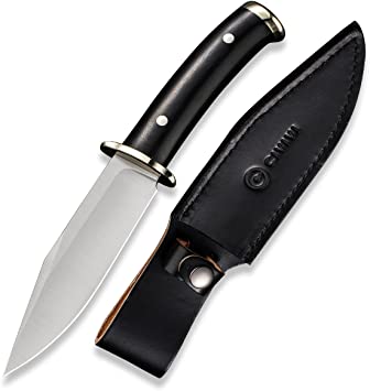 CIVIVI Teton Tickler Fixed Blade Knife with Leather Sheath, 5.45" D2 Satin Blade, Black G10 Handle with Nickel Silver Guard and Pommel C20072-1