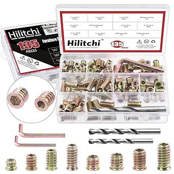 Hilitchi 134Pcs 8 Sizes 1/4"-20, 5/16"-18 Color Zinc Screw Hex Socket Threaded Wood Inserts Bolt Nuts Screw Furniture Kit, with Twist Drill and M6 M8 Hex Spanner for Wood Furniture