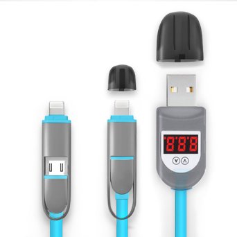NASKY 2 in 1 Cable 3.3ft Fast charging Lightning USB Cable with Current Voltage Monitor - Smart LCD Display for iPhone, Sumsung, Motorola, Nokia and More (Blue)