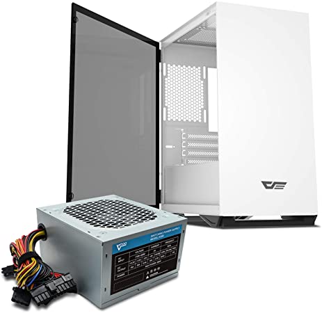 Vetroo darkFlash Micro ATX Mini ITX MicroATX MATX Computer Case with Tempered Glass Door and Vetroo 380 Watt Power Supply Front I/O: 2X USB 2.0, 1X USB 3.0 and Audio in/Out (M22 White)