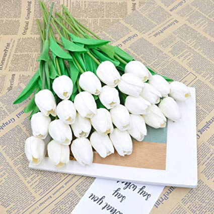 Jasion 10 Pcs Artificial Tulips Real Touch PU Flower Arrangement Bouquet Home Wedding Parties Decor (White)