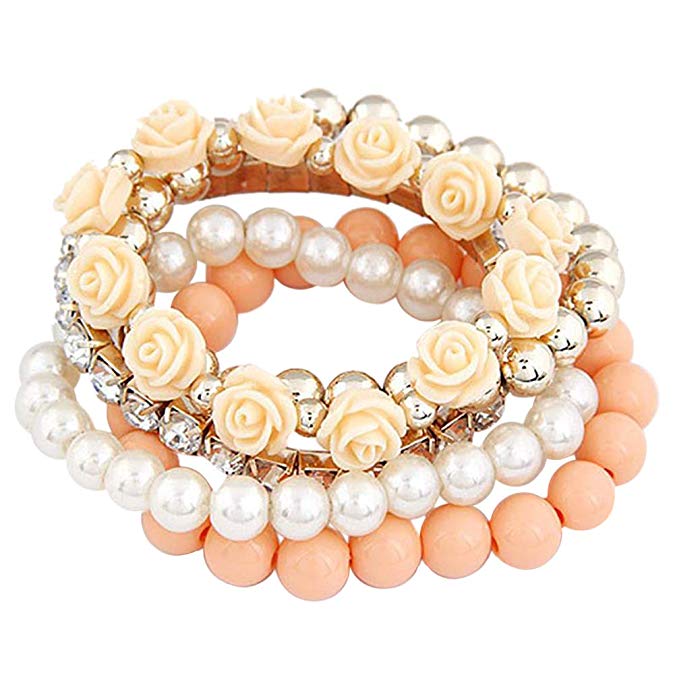 Multi Color Stretch Beaded Stackable Bracelets Layering Pearl Rose Flower Bead Bangles