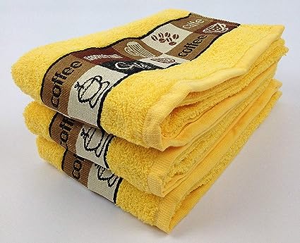 Riggs 3 PACK Luxury Kitchen Hand Tea Towel, Cafe Cafe Coffee Cups (Yellow)