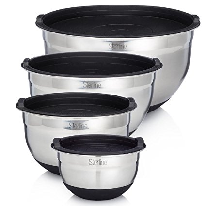 Sterline Stainless Steel Mixing Bowl Set of 4 w/ Lids, Non-Slip Mixing Bowls .75, 1.5, 3, & 5-Quarts w/ Measurement Displayed Inside, Small-Large Nesting Bowls, Cooking and Kitchen Essentials, Silver