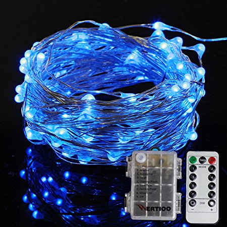 WERTIOO LED String Lights Battery Powered with Remote Control,16FT 50 leds Waterproof Indoor/Outdoor Copper Wire Christmas Tree Timer Rope Lighting for bedroom,Parties(5m,Blue)