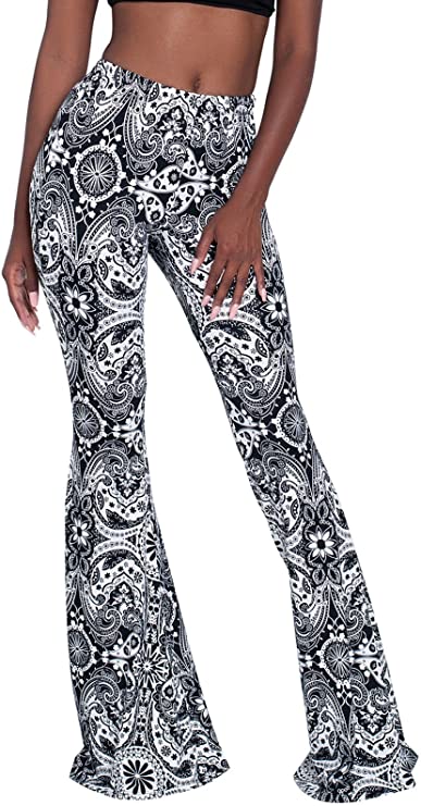 Govc Women Casual Print Stretchy Bell Bottom Flare Palazzo Skinny Pants High Waist Trousers