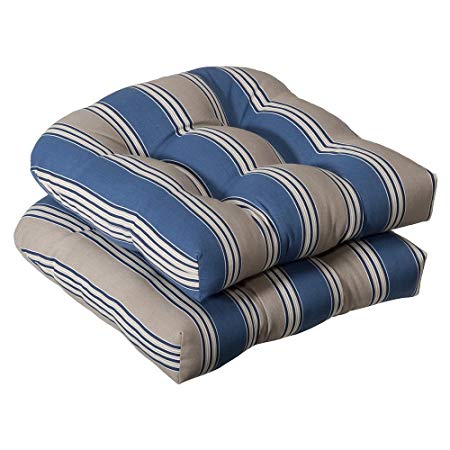 Pillow Perfect Indoor/Outdoor Blue/Tan Striped Wicker Seat Cushions, 2-Pack