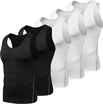 Odoland 5 Pack Mens Compression Tank Top Shirt, Cool Dry Slim Body Shaper Tummy Vest, Athletic Workout Sleeveless Base Layer