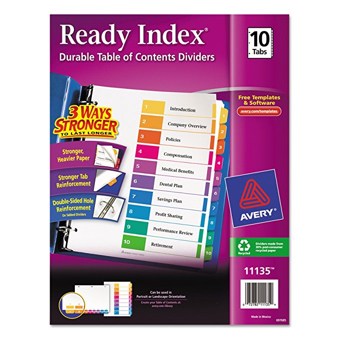 Avery Ready Index Table of Contents Dividers, 10-Tab Set, 1 Set (11135)