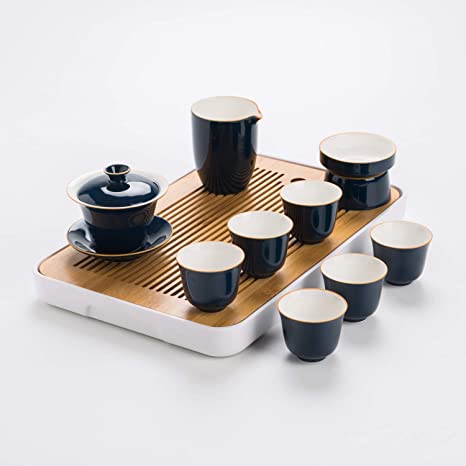 Porcelain Tea Set/Tea Cup Set/Tea Service Set w/Chinese Traditional Tea Bowl with lid, 6 Tea Cups, Wooden Service Tray & Tea Strainer Set, Best Tea Cups Set for Home and Office