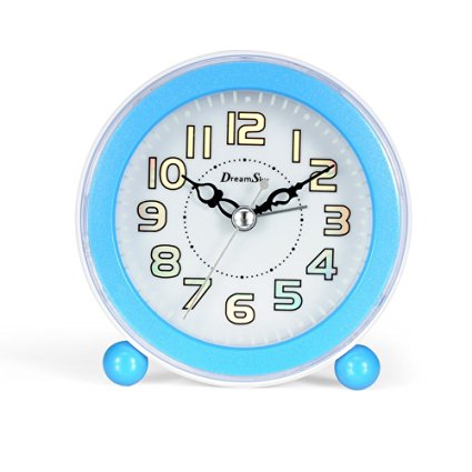 DreamSky Non Ticking Quartz Analog Alarm Clock With Nightlight And Snooze, Loud Music Alarms,Simple To Set Clocks, Small Bedside Alarm Clock ,Battery Powered (Blue)