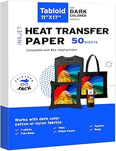 Printers Jack Iron-On Heat Transfer Paper for Dark Fabric 50 Pack 11"x17" T-Shirt Transfer Paper for Inkjet Printer Wash Durable, Long Lasting Transfer, No Cracking