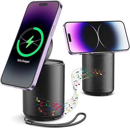 JSAUX Cell Phone Stand with Wireless Bluetooth Speaker and Magnetic Wireless Charger, Compatible with iPhone/Samsung, Wireless Speaker with HD Surround Sound, Birthday Gifts for Men and Women