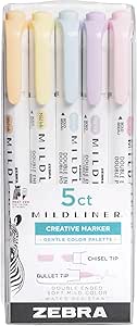 Zebra Pen Mildliner Double Ended Highlighter Set, Chisel and Bullet Point Tips, Assorted Gentle Ink Colors, 5-Pack (78705)