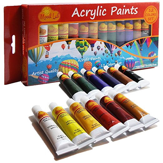 Acrylic Paint Set - Premium 12 Colors x 12ml (0.4 oz) Tubes - Artist Quality - Non-Toxic Art Supplies Kit - For Professionals, Students, Beginners, Kids - by Mood Lab
