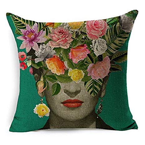 cushion cover fabric Frida Kahlo Colorful Flowers Pillowcase 43x43cm/17x17'' Woven Pillow Covers Polyester&Linen Home Decor cushion cover for sofa (A2)