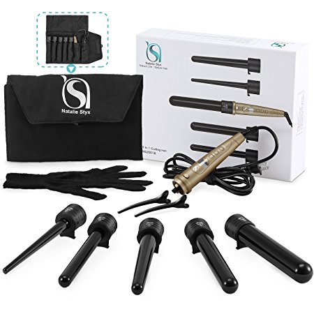 Styling Curling Wand, Natalie Styx Curling Iron Wand Set with 5 Interchangeable Tourmaline Ceramic, Multiple Barrels with LCD Display, Anti-Heat Glove, Travel Bag-Ideal Gifts