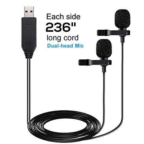 USB Microphone 236" (6m) Dual Head Lavalier Lapel Mic Professional Clip-on Shirt Omnidirectional Condenser Microphones for Computer PC,Laptop,Recording Youtube,Interview,Video Conference,Podcast