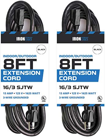 2 Pack of 8 Ft Outdoor Extension Cords - 16/3 Durable Black Extension Cord Pack - Great for Christmas Lights