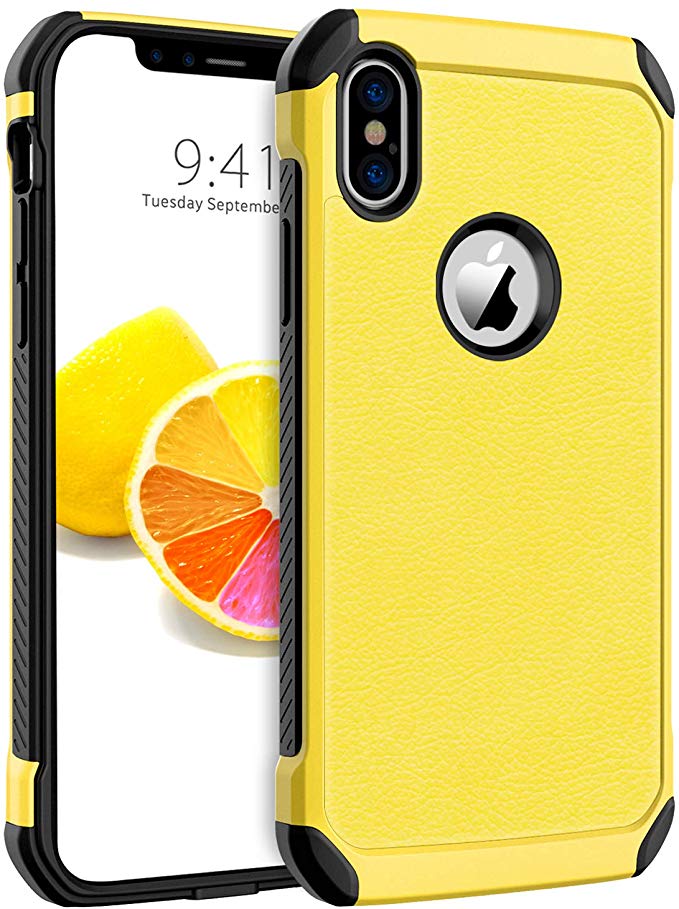 BENTOBEN iPhone X Case, iPhone Xs Case Slim Shockproof 2 in 1 Faux Leather Hard PC Soft TPU Bumper Dual Layer Hybrid Anti-Slip Grip Protective Phone Cases Cover for iPhone X/iPhone Xs, Yellow/Black