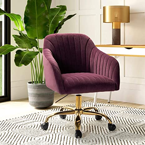 HULALA HOME Velvet Home Office Desk Chair, Modern Cute Task Computer Chair, Height Adjustable Swivel Upholstered Vanity Chair for Women, Girls (Gold Base, Purple)