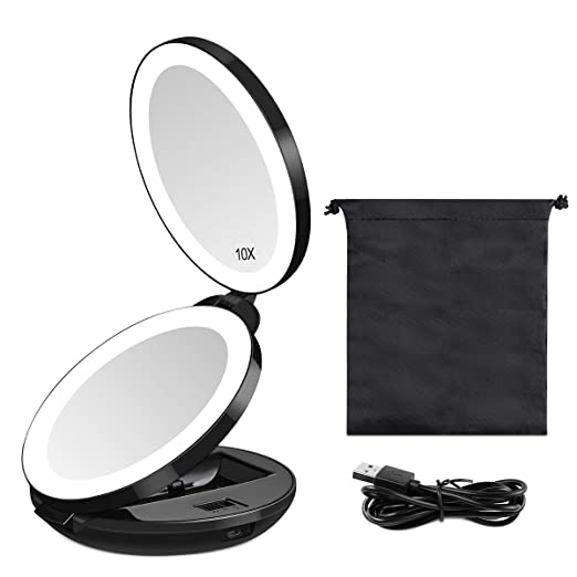 KEDSUM Upgraded Rechargeable LED Lighted Travel Magnifying Mirror, 1X/10X Magnification Compact Makeup Mirror with Lights, Double Sided Folding Vanity Mirror, Daylight, Portable