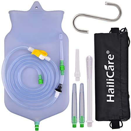 HailiCare Clear Non-Toxic Silicone Enema Bag Kit, 2 Quart, 6ft/182cm Long Silicone Hose for Home, Coffee & Water Colon Cleansing - BPA & Phthalates Free - FDA Approved - 5 Insertion Tips & Storage Bag