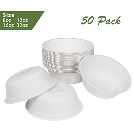 ZenCo Bagasse Rice Bowl - 50 Pack 32oz White Disposable Natural Sugarcane Heat Resistant Eco Friendly Paper Alternative Bowls (50 Count, 32oz)