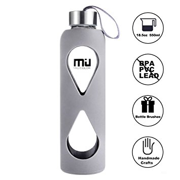 MIU COLOR® Glass Water Bottle,Anti-slip Silicone Sleeve with Eco-friendly Borosilicate Glass Bottle, BPA, PVC, Plastic and Lead Free