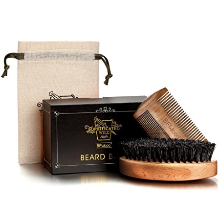 BFWood Beard Brush with Boar Bristle and Comb Set - Military Style