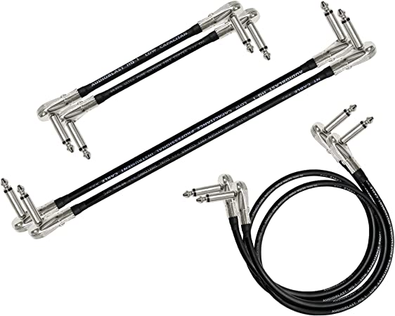 6 Inch x2 + 12 Inch x2 + 3 Foot x2 - Audioblast HQ-1 - Ultra Flexible -Dual Shielded (100%) - Instrument Effects Pedal Patch Cable w/Low-Profile, R/A Pancake TS (6.35mm) Plugs & Dual Staggered Boots