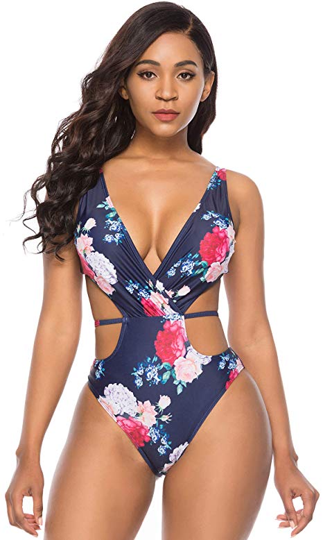 Vibesicily Deep V One Piece Swimsuit, Sexy Cutout High Waisted Swimwear Monokini Bathing Suits