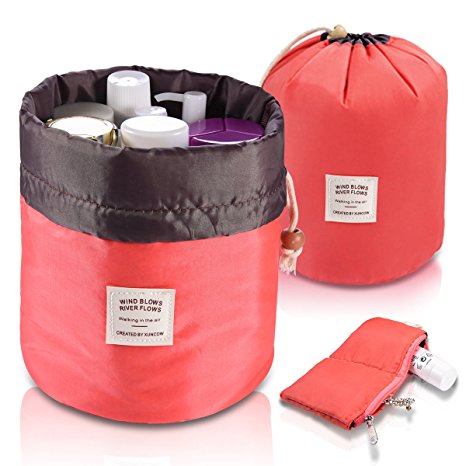 Foldable Round Bucket Style Travel Makeup Bag   Small Zipper Jewelry Purse   Clear PVC Pouch for Cosmetic Brush, Drawstring Closure Nylon Carrying Case Holder, Lightweight Bathroom Wash Bag Coral Red