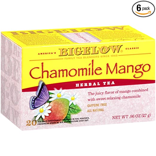 Bigelow Chamomile Mango Herbal Tea 20-Count Boxes (Pack of 6), 120 Tea Bags Total.  Caffeine-Free Individual Herbal Tisane Bags, for Hot Tea or Iced Tea, Drink Plain or Sweetened with Honey or Sugar