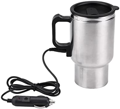 Qiilu 12V 450ml Electric Cup, Stainless Steel Electric In-car Travel Heating Cup Coffee Tea Car Mug with Cigarette Lighter Cable