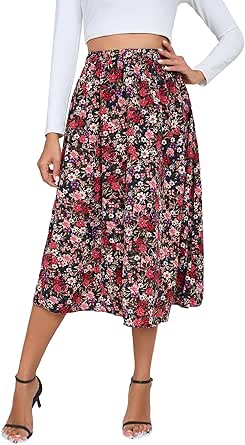 Milumia Women's Vintage Printed A Line High Waist Flare Flowy Casual Midi Skirts