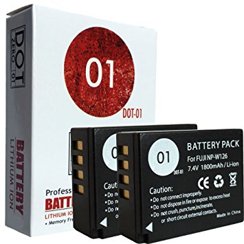 2x DOT-01 Brand 1800 mAh Replacement Fujifilm NP-W126 Batteries for Fujifilm X-T10, X-T1, X-A2, HS50EXR, HS30EXR, HS33EXR, X-E2, X-M1, X-A1, X-E1, X-Pro1 Compact System Digital Camera and Fujifilm NPW126