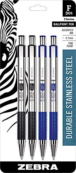 Zebra Pens Fine Point F 301, Combo Pack of 2 BLACK INK & 2 BLUE INK metal pens (Total of 4 Pens), Ballpoint Stainless Steel Retractable 0.7mm fine point ink pens