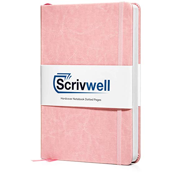Scrivwell Dotted A5 Hardcover Notebook - 208 Dotted Pages with Elastic Band, Two Ribbon Page Markers, 120 GSM Paper, Pocket Folder - Great for Bullet journaling (Pink)