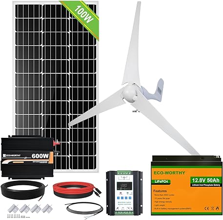 ECO-WORTHY 500W Solar & Wind Power Kits Home Off-Grid System for Charging 12V Battery：50AH Lithium Battery   400W Wind Turbine Generator & Charge Controller   100W Mono Solar Panel   600W Inverter