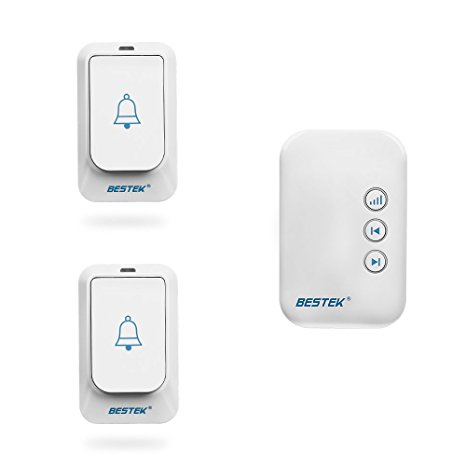 Chime, BESTEK Wireless Doorbell with 2 Remote Button and 1 Plugin Receivers Operating at over 500-feet Range with 36 Chimes, White